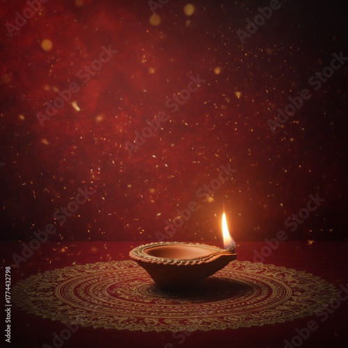 Golden Diya Lamp on Ornate Rangoli with Warm Festive Light Bokeh on a golden mandala on a red background