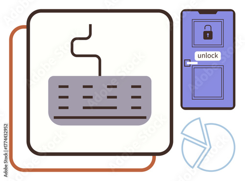 Keyboard wired to locked door labeled unlock, pie chart symbolizing data or analysis. Ideal for cybersecurity, privacy, data access, analytics, digital workflow, permissions, and secure systems
