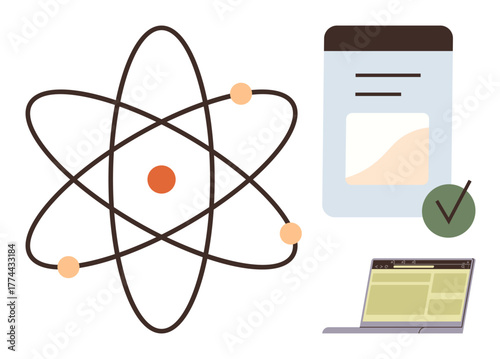 Atom structure with orbiting electrons, document with a graph and tick mark, and an open laptop. Ideal for education, science, research, innovation, technology data analysis modern learning. Simple