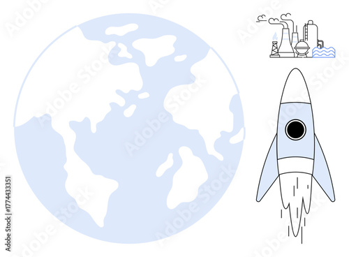 Blue rocket launching beside Earth with detailed factories emitting smoke symbolizing progress, technology, and environmental impact. Ideal for sustainability, innovation, environment, technology