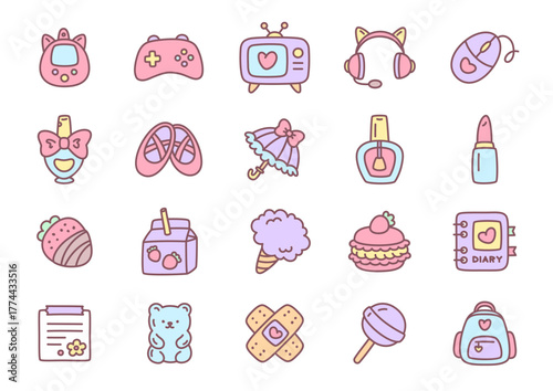 Girly icon set. Cute pastel collection with gaming accessories, beauty items, sweets and lovely objects on white background. Kawaii stickers  in pink and lavender tones. Vector 10 EPS.