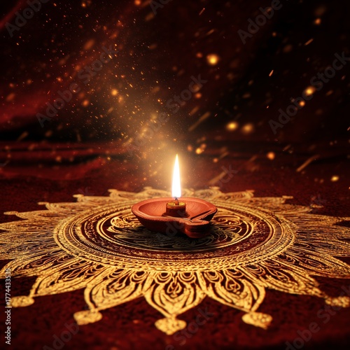 Golden Diya Lamp on Ornate Rangoli with Warm Festive Light Bokeh on a golden mandala on a red background