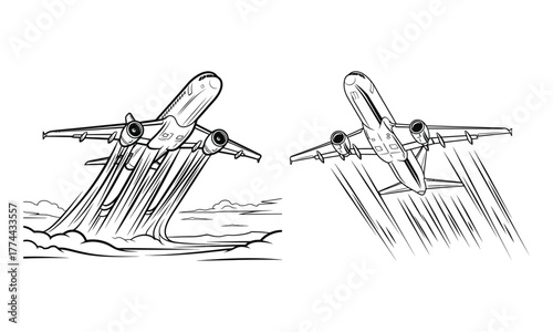 Two jet airplanes ascend into the sky with motion blur effect