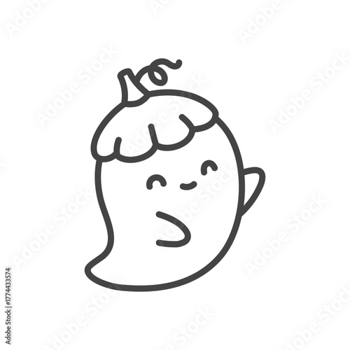 Cute pumpkin hat ghost icon. Funny little spirit wearing a little pumpkin cap. Adorable spooky character for autumn holiday decoration and halloween party design. Kawaii sticker. Vector 10 EPS.