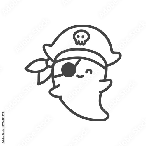 Cute pirate ghost icon. Funny spirit with pirate hat and eyepatch, playful spooky design. Monochrome doodle illustration isolated on white background. Kawaii halloween sticker. Vector 10 EPS.