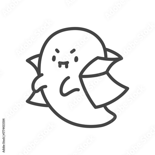 Cute vampire ghost icon. Little spirit dressed as vampire with cloak and fangs. Funny spooky character for halloween party design. Kawaii sticker. Vector 10 EPS.