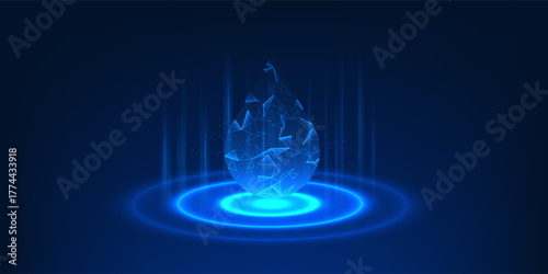 Water drop placed above a glowing technology circle, symbolizing hydro energy, sustainable innovation, and clean power generation through modern technology
