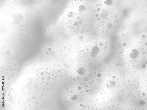 Abstract background with a texture of white soap bubbles. Top view. Photo. 