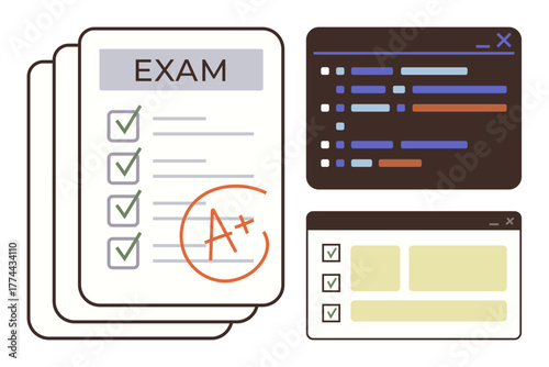 Graded exam papers with an A checkmarks, coding interface, and organized layout. Ideal for education, learning, programming, achievement, productivity evaluation and success. Simple flat metaphor