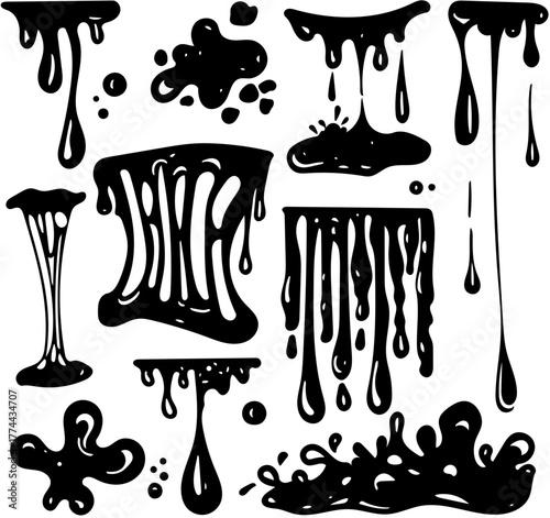 Set of diverse black liquid drips, goo splashes, and abstract melting shapes. Dynamic ink splatters and viscous fluid textures, perfect for graphic design elements and edgy backgrounds