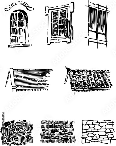 Architectural Elements Windows, Roofs, and Stone Textures in Black and White Line Art
