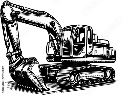 Detailed Black and White Illustration of a Powerful Construction Excavator Machine