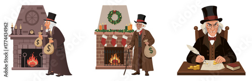 Scrooge character with money bag by fireplace and writing notestransparent background, isolated, vector, set 