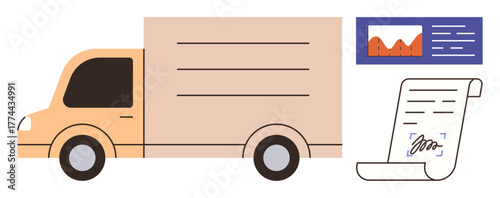 Cargo truck beside signed document and performance chart suggesting logistics, delivery, contracts, and performance tracking. Ideal for business, shipping, supply chain, agreement, monitoring