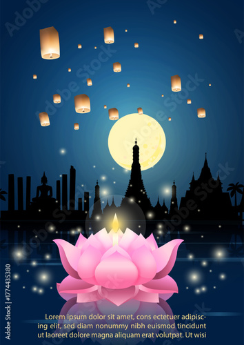 Poster of Thailand tradition in river worship, Loy Kratong Festival with wording of event, example texts on silhouette of ancient temples with paper ancient hot air balloon and dark blue background.