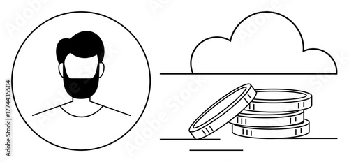 Photos Portrait of a person with a beard and stack of coins beneath a cloud representing financial management, digital economy, and online transactions