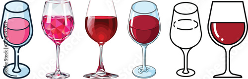 Red Wine Glass Vector Set in Various Styles and Detail Levels