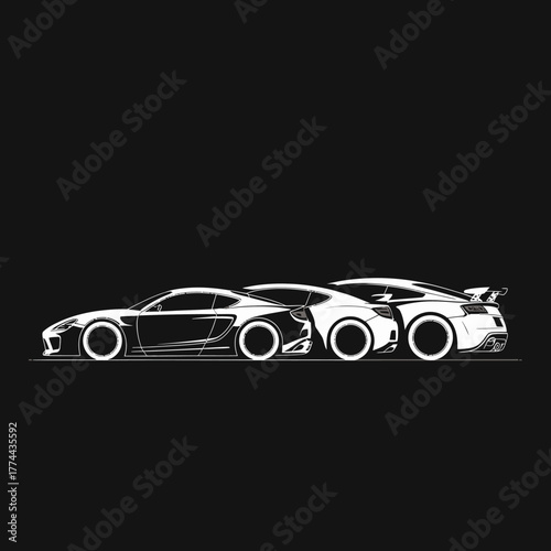 A sleek vector illustration of three modern sports cars in profile view on a black background