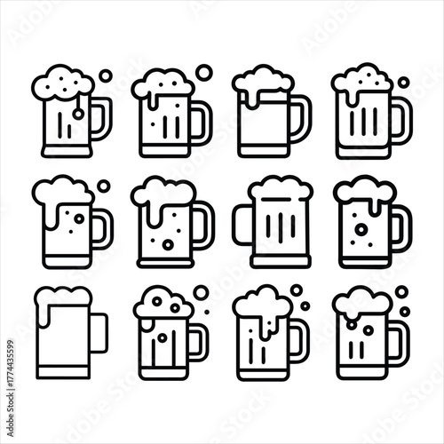 Beer Mugs Icons Collection  Various Styles of Frothy Drinks in Line Art