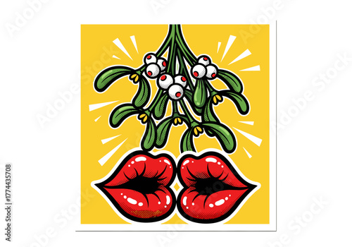 Pop art mistletoe with bold red lips on yellow background, comic style Christmas kiss illustration