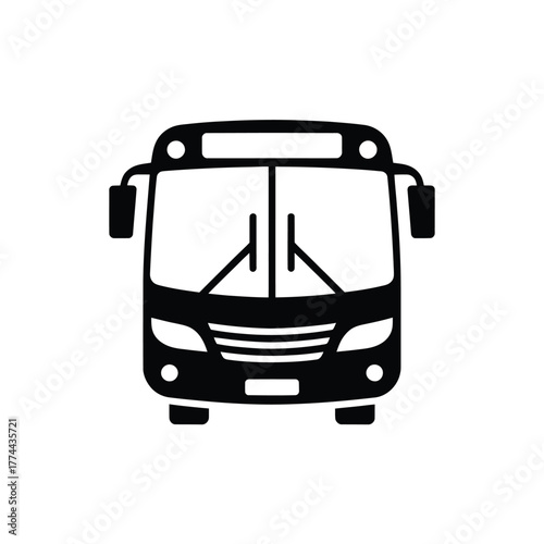 Sleek front view black silhouette icon of a public transit bus, representing urban passenger transportation services