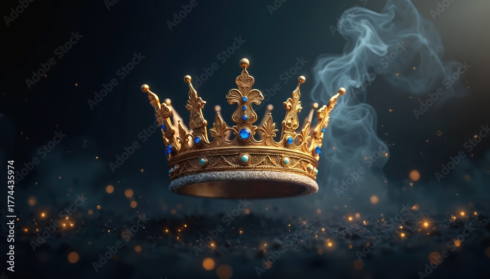 Naklejka premium Golden crown with blue gems sits on dark ground. Smoke drifts around ornate royal headwear. Sparks and stars create magical fantasy atmosphere. Symbol of power and luxury.