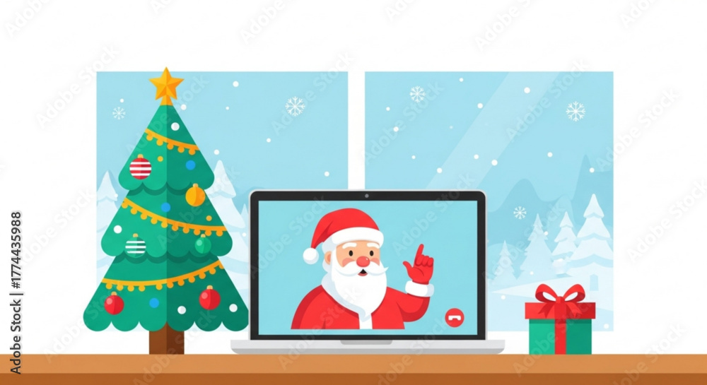 Fototapeta premium Christmas tree and laptop displaying Santa Claus during winter 
