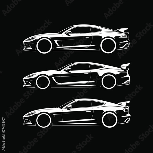 Collection of dynamic sportscar line art illustrations, showcasing sleek automotive design and performance