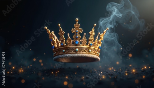 Golden crown with blue gems sits on dark ground. Smoke drifts around ornate royal headwear. Sparks and stars create magical fantasy atmosphere. Symbol of power and luxury.