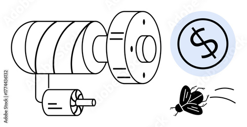 Electric motor diagram with a focus on function and performance, highlighting cost efficiency and energy waste through dollar sign imagery and a fly. Ideal for engineering, energy, sustainability