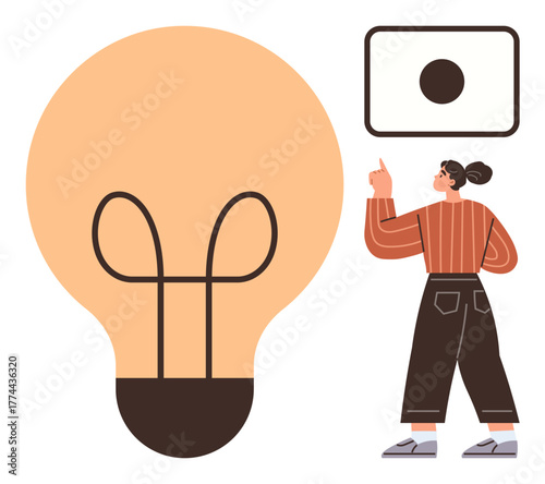 Large lightbulb symbolizing creativity, woman pointing at presentation screen for idea exchange. Ideal for innovation, teamwork, brainstorming, education, inspiration, technology leadership. Simple