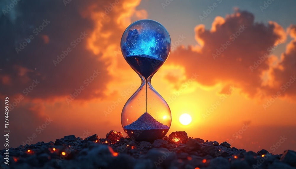 Fototapeta premium Illustration features a celestial hourglass against sunset sky. The artwork symbolizes the passage of time its fleeting nature. Evening scene creates a dramatic impression with sand falling