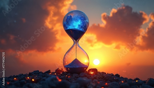Illustration features a celestial hourglass against sunset sky. The artwork symbolizes the passage of time its fleeting nature. Evening scene creates a dramatic impression with sand falling
