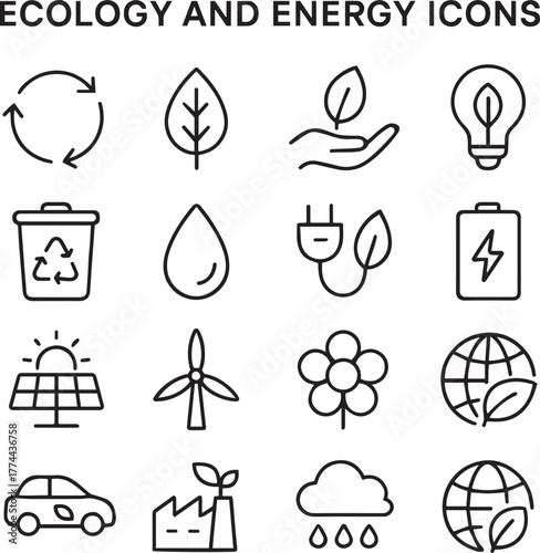 Ecology and energy related icons set. Including sustainability, recycling, green, power, solar, nature, and eco. Editable stroke. outline icons.