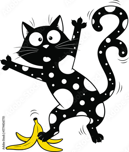 Funny Cartoon Cat Slipping on Banana Peel Whimsical Animal Silhouette with Playful Expression