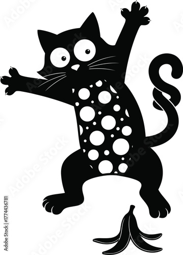 Funny Cartoon Cat Slipping on Banana Peel Whimsical Animal Silhouette with Playful Expression