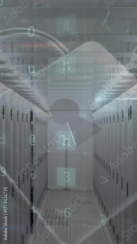 Animation of data processing with cyber attack warning over padlock and computer servers