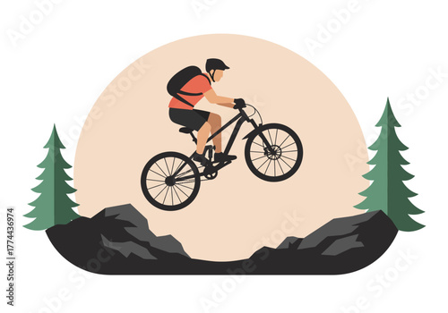 Mountain Biker Jumping Over Rocks in Nature Illustration.
