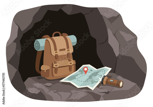 Backpack Map and Flashlight in Cave Illustration.