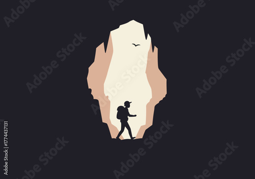 Silhouette Hiker in Mountain Cave Minimalist Illustration.