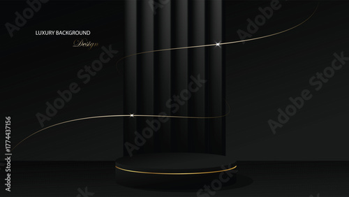 Black podium background vector design. Podium and stage background with gold and black combination. Black abstract background. Suit for banner, poster, certificate, web, product promotion, etc