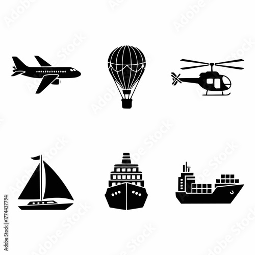 Simple black silhouette icon set of air and sea transportation and travel modes, including airplane, hot air balloon, helicopter, sailboat, cruise ship, and cargo container ship vectors