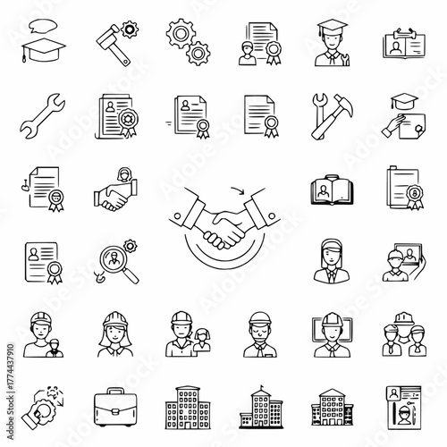 Professional Career & Engineering Line Icon Set: Education, Job Search, Certification, Labor, Construction, and Employment Vector Collection. A comprehensive set of outline icons covering graduation, 