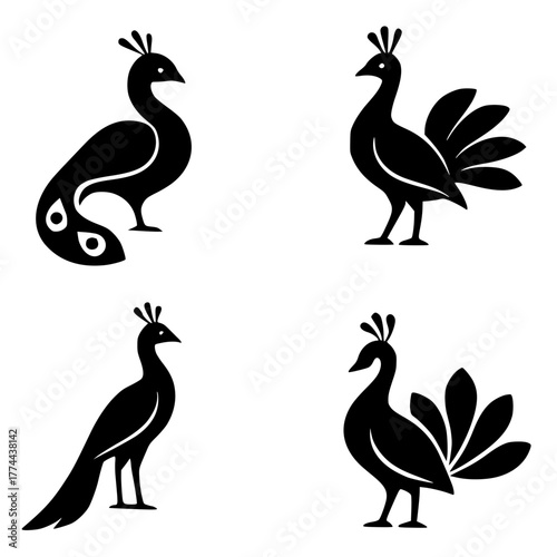 Illustration of 4 Peacocks, Silhouette Version