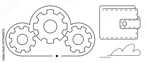 Gears within a cloud and a wallet outline represent integrated financial technology, automation, security, system efficiency, digital finance, and software solutions. Ideal for fintech, tech
