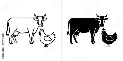 Cow and chicken icons, black and white