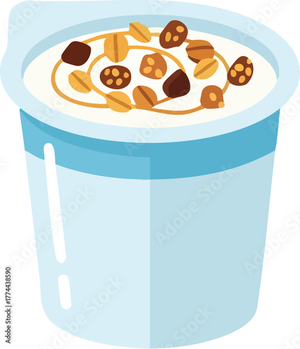 A light blue yogurt cup with granola and fruit toppings, ready to eat.