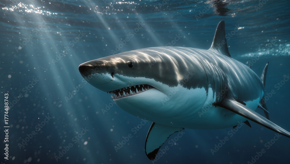 Fototapeta premium Majestic Great White Shark Portrait Swimming Underwater in Ocean Sunlight