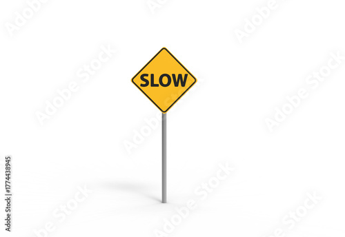 slow down road sign front view with shadow 3d render