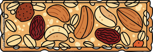 A cartoon granola bar with nuts and dried fruit.